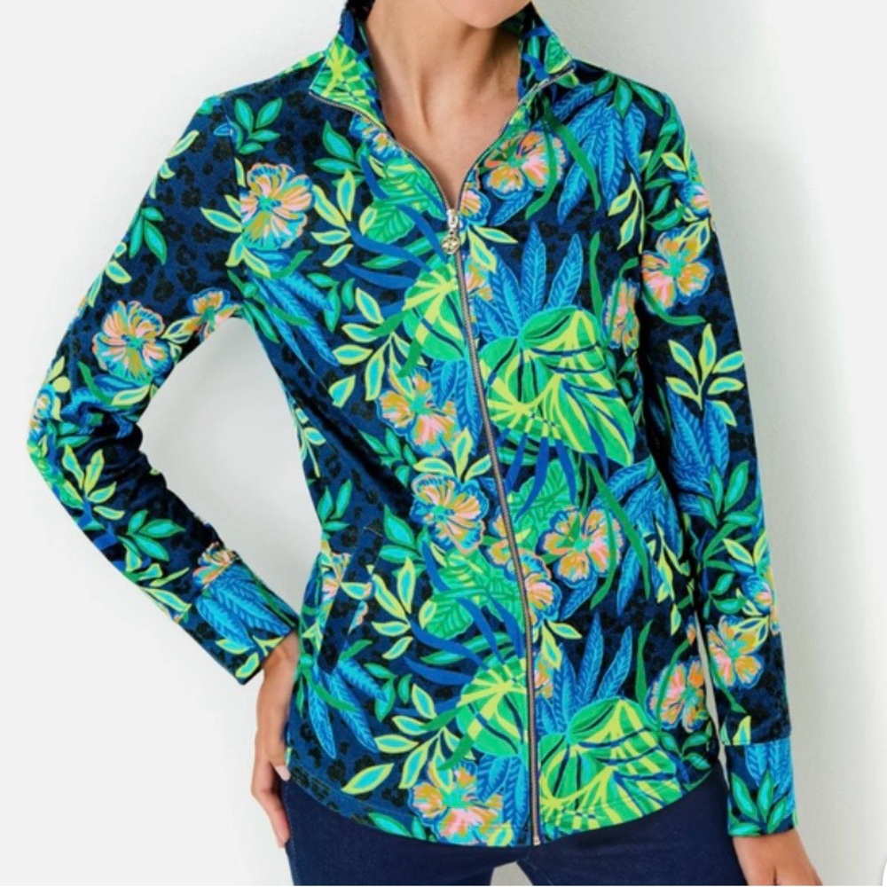 Lilly Pulitzer Leona Multi Hottest spot Blue and Green Floral Zip Jacket USF50